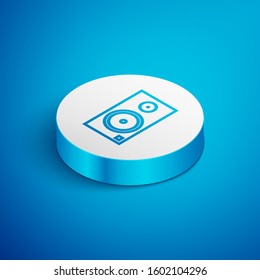 Isometric line Stereo speaker icon isolated on blue background. Sound system speakers. Music icon. Musical column speaker bass equipment. White circle button. Vector Illustration