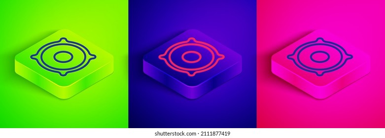 Isometric line Stereo speaker icon isolated on green, blue and pink background. Sound system speakers. Music icon. Musical column speaker bass equipment. Square button. Vector