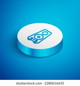 Isometric line Stereo speaker icon isolated on blue background. Sound system speakers. Music icon. Musical column speaker bass equipment. White circle button. Vector