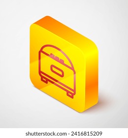 Isometric line Stereo speaker icon isolated on grey background. Sound system speakers. Music icon. Musical column speaker bass equipment. Yellow square button. Vector