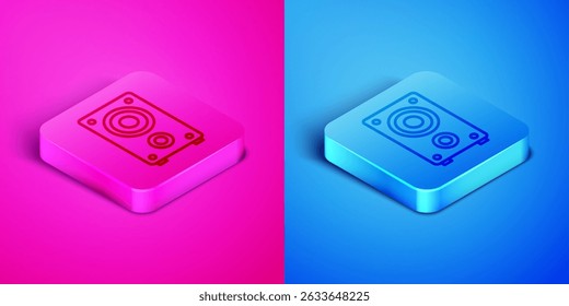 Isometric line Stereo speaker icon isolated on pink and blue background. Sound system speakers. Music icon. Musical column speaker bass equipment. Square button. Vector