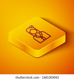 Isometric line Stewardess icon isolated on orange background. Yellow square button. Vector Illustration