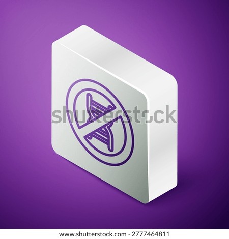 Isometric line Stop GMO icon isolated on purple background. Genetically modified organism acronym. Dna food modification. Silver square button. Vector