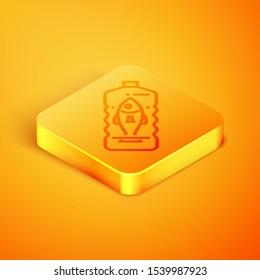 Isometric line Stop ocean plastic pollution icon isolated on orange background. Environment protection concept. Fish say no to plastic. Orange square button. Vector Illustration