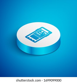 Línea isométrica Detenga el icono de la contaminación plástica aislado en fondo azul. Afiche ecológico. Botón Círculo blanco. Ilustración vectorial