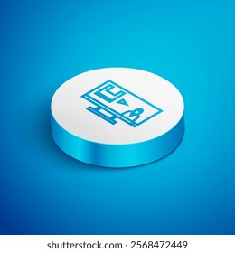 Isometric line Stop plastic pollution icon isolated on blue background. Ecological poster. White circle button. Vector Illustration