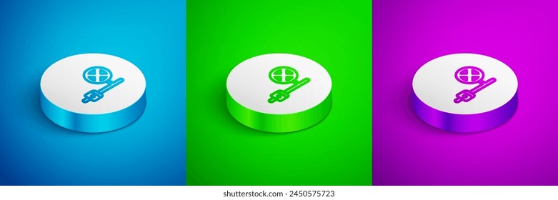 Línea isométrica Señal de parada con icono de cámara aislado sobre fondo azul, verde y púrpura. Símbolo de parada de advertencia de regulación del tráfico. Botón de círculo blanco. Vector