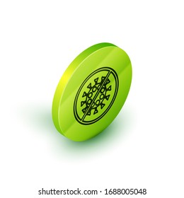 Línea isométrica Icono de Stop virus aislado en fondo blanco. Virus Corona 2019-nCoV. Bacterias y gérmenes, cáncer celular, microbio, hongos. Botón de círculo verde. Ilustración vectorial