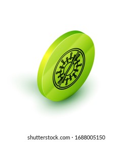 Isometric line Stop virus icon isolated on white background. Corona virus 2019-nCoV. Bacteria and germs, cell cancer, microbe, fungi. Green circle button. Vector Illustration
