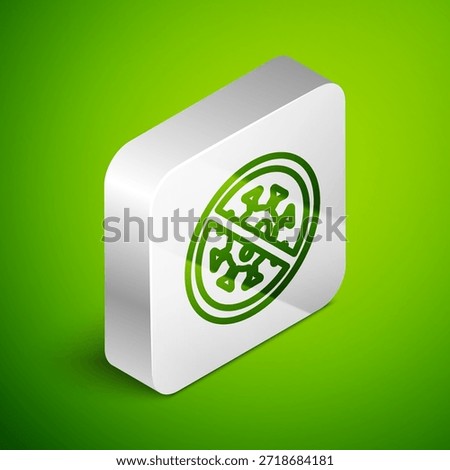 Isometric line Stop virus icon isolated on green background. Corona virus 2019-nCoV. Bacteria and germs, cell cancer, microbe, fungi. Silver square button. Vector