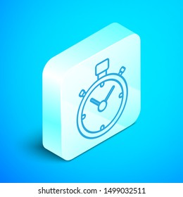 Isometric line Stopwatch icon isolated on blue background. Time timer sign. Chronometer sign. Silver square button. Vector Illustration