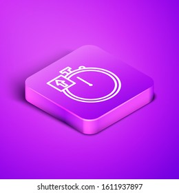 Isometric line Stopwatch icon isolated on purple background. Time timer sign. Chronometer sign. Purple square button. Vector Illustration