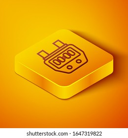Isometric line Stopwatch icon isolated on orange background. Time timer sign. Chronometer sign. Yellow square button. Vector Illustration