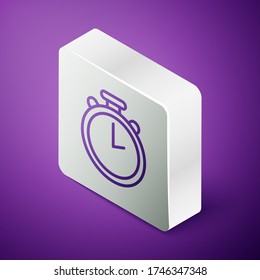 Isometric line Stopwatch icon isolated on purple background. Time timer sign. Chronometer sign. Silver square button. Vector Illustration