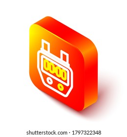 Isometric line Stopwatch icon aislado en fondo blanco. Signo del temporizador de tiempo. Signo del cronómetro. Botón cuadrado naranja. Ilustración vectorial