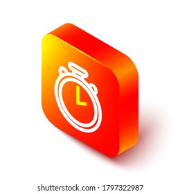 Isometric line Stopwatch icon isolated on white background. Time timer sign. Chronometer sign. Orange square button. Vector Illustration