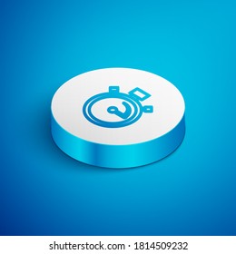 Isometric line Stopwatch icon isolated on blue background. Time timer sign. Chronometer sign. White circle button. Vector.