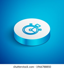 Isometric line Stopwatch icon isolated on blue background. Time timer sign. Chronometer sign. White circle button. Vector