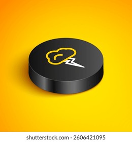 Isometric line Storm icon isolated on yellow background. Cloud and lightning sign. Weather icon of storm. Black circle button. Vector