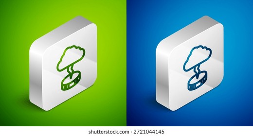 Icono de tormenta de línea isométrica aislado sobre fondo verde y azul. Nube y signo de relámpago. Icono de Clima de la tormenta. Botón cuadrado plateado. Vector