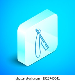 Isometric line Straight razor icon isolated on blue background. Barbershop symbol. Silver square button. Vector Illustration