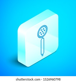 Isometric line Strainer spoon icon isolated on blue background. Silver square button. Vector Illustration