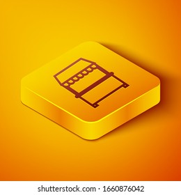 Isometric line Street stall with awning and wooden rack icon isolated on orange background. Kiosk with wooden rack. Yellow square button. Vector Illustration