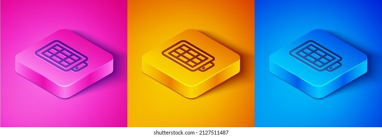 Isometric line Studio light bulb in softbox icon isolated on pink and orange, blue background. Shadow reflection design. Square button. Vector