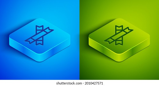 Isometric line Sugar stick packets icon isolated on blue and green background. Blank individual package for bulk food products as coffee, salt, spices. Square button. Vector Illustration