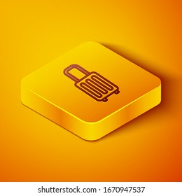 Isometric line Suitcase for travel icon isolated on orange background. Traveling baggage sign. Travel luggage icon. Yellow square button. Vector Illustration