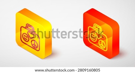 Isometric line Suitcase for travel icon isolated on grey background. Traveling baggage sign. Retro hippie style. Travel luggage icon. Yellow and orange square button. Vector