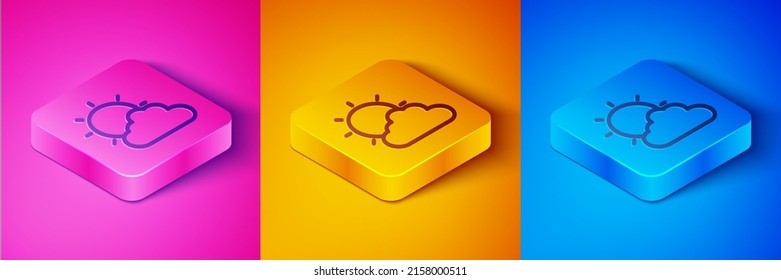 Isometric line Sun and cloud weather icon isolated on pink and orange, blue background. Square button. Vector