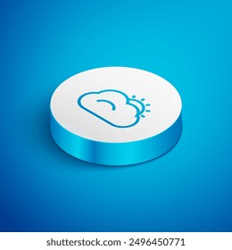 Isometric line Sun and cloud weather icon isolated on blue background. White circle button. Vector Illustration