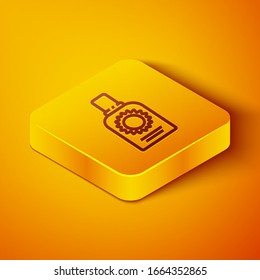 Isometric line Sunscreen spray bottle icon isolated on orange background. Protection for the skin from solar ultraviolet light. Yellow square button. Vector Illustration