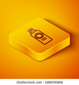 Isometric line Sunscreen spray bottle icon isolated on orange background. Protection for the skin from solar ultraviolet light. Yellow square button. Vector Illustration