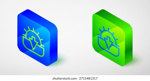 Icono de la puesta del sol de la línea isométrica aislado en fondo gris. Botón cuadrado azul y verde. Vector