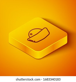 Línea isométrica Icono de Sushi aislado en fondo naranja. Cocina japonesa tradicional. Botón cuadrado amarillo. Ilustración vectorial