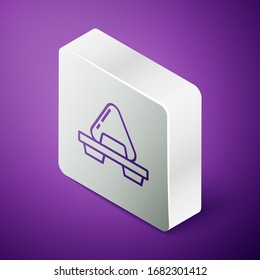 Isometric line Sushi on cutting board icon isolated on purple background. Asian food sushi on wooden board. Silver square button. Vector Illustration