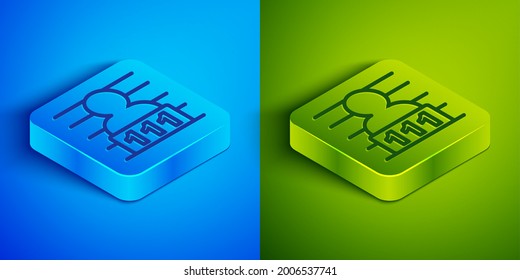 Isometric line Suspect criminal icon isolated on blue and green background. The criminal in prison, suspected near the board. Square button. Vector