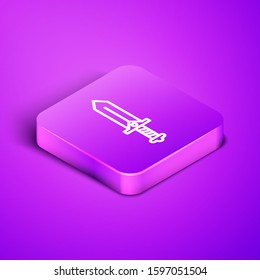 Isometric line Sword for game icon isolated on purple background. Purple square button. Vector Illustration