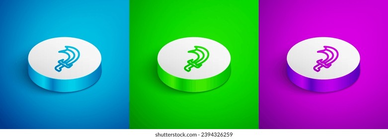 Isometrische Linie Schwert für das Spielsymbol einzeln auf blauem, grünem und violettem Hintergrund. Weißer Kreis-Knopf. Vektorgrafik
