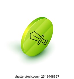 Isometrische Linie Schwert für Spielsymbol einzeln auf weißem Hintergrund. Grüner Kreis-Knopf. Vektorgrafik