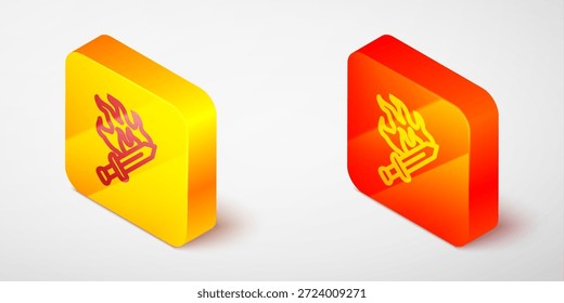 Linha isométrica Espada para ícone de jogo isolado em fundo cinza. Botão quadrado amarelo e laranja. Vetor