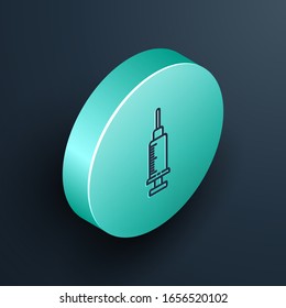 Isometric line Syringe icon isolated on black background. Syringe for vaccine, vaccination, injection, flu shot. Medical equipment. Turquoise circle button. Vector Illustration