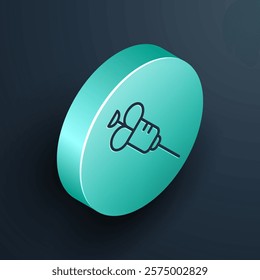 Isometric line Syringe icon isolated on black background. Syringe for vaccine, vaccination, injection, flu shot. Medical equipment. Turquoise circle button. Vector