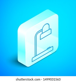 Isometric line Table lamp icon isolated on blue background. Table office lamp. Silver square button. Vector Illustration