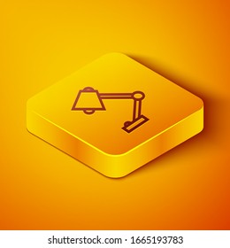 Isometric line Table lamp icon isolated on orange background. Yellow square button. Vector Illustration