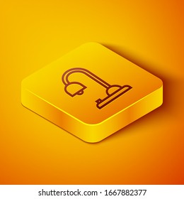 Línea isométrica Icono de lámpara de mesa aislado en fondo naranja. Botón cuadrado amarillo. Ilustración vectorial