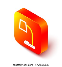 Isométrica línea Icono de lámpara de mesa aislado en fondo blanco. Lámpara de oficina de mesa. Botón cuadrado naranja. Ilustración vectorial
