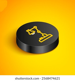 Isometric line Table lamp icon isolated on yellow background. Black circle button. Vector